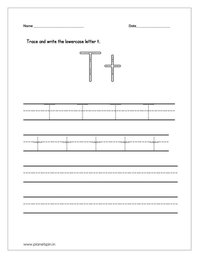 Trace and write the uppercase and lowercase letter t on four line 