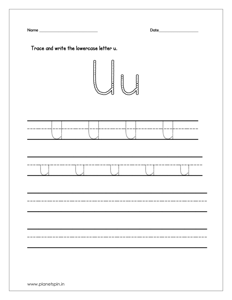 Trace and write the uppercase and lowercase letter u on four line worksheet