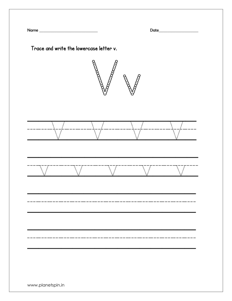 Trace and write the uppercase and lowercase letter v on four line 