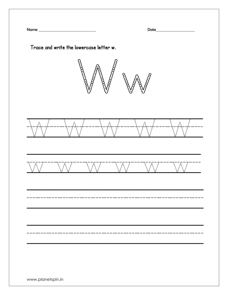 Trace and write the uppercase and lowercase letter w on four line worksheet