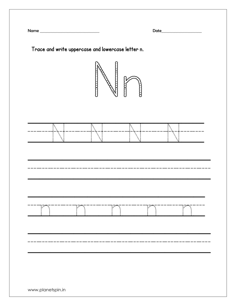 Tracing and write the uppercase and lowercase letter n on four line worksheets.