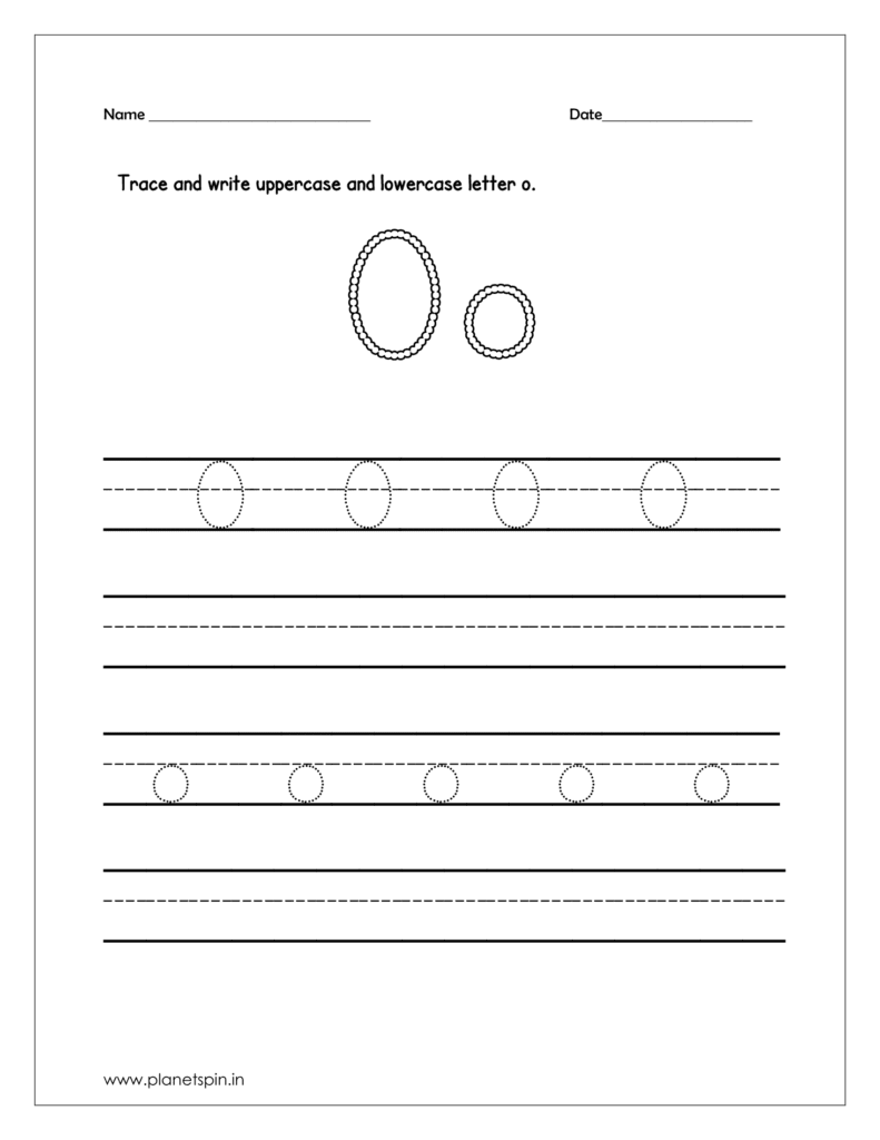 Trace and write uppercase and lowercase letter O on four line worksheet