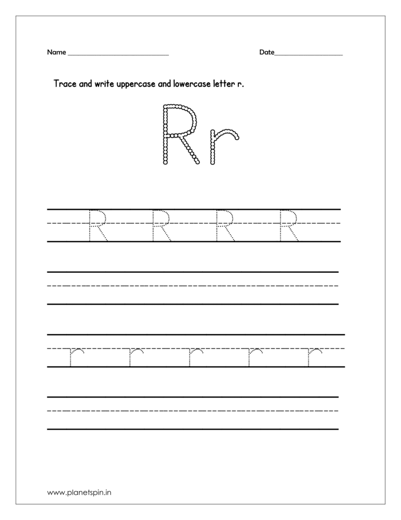 Trace and write uppercase and lowercase letter r on four line printable worksheet