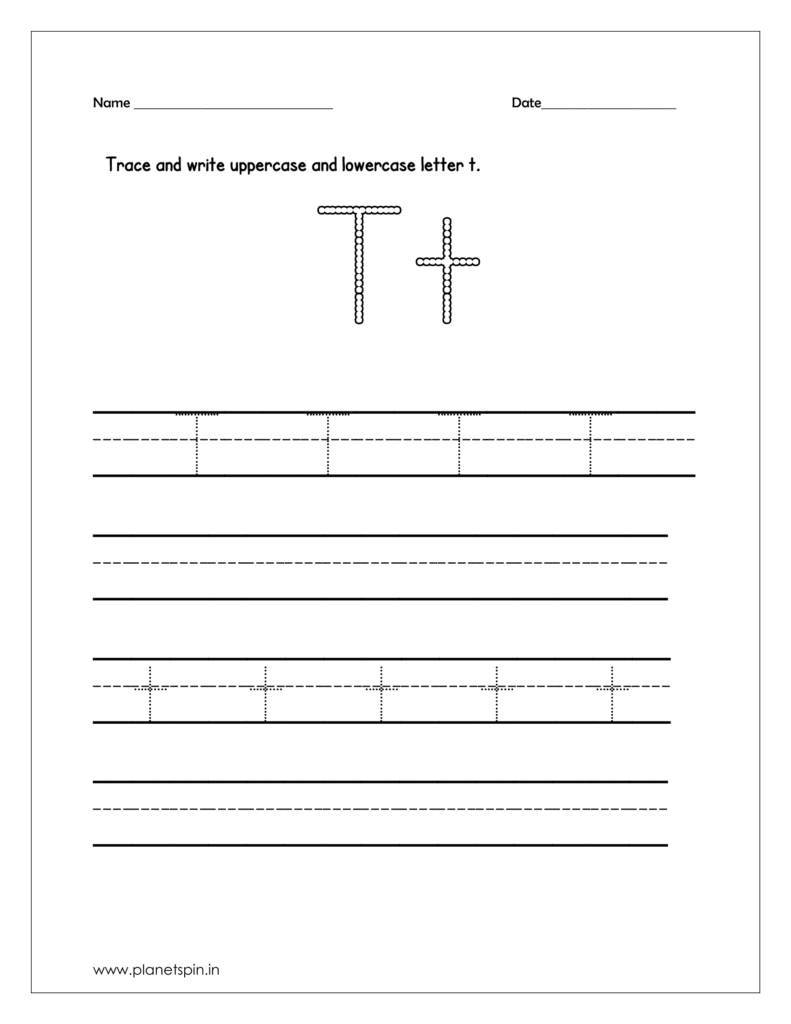 Tracing letter t worksheets for kindergarten | Planetspin.in