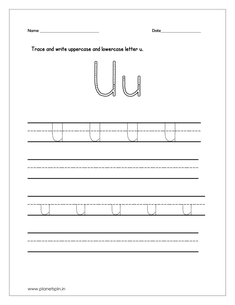 Trace and write the uppercase and lowercase letter u on four line worksheet