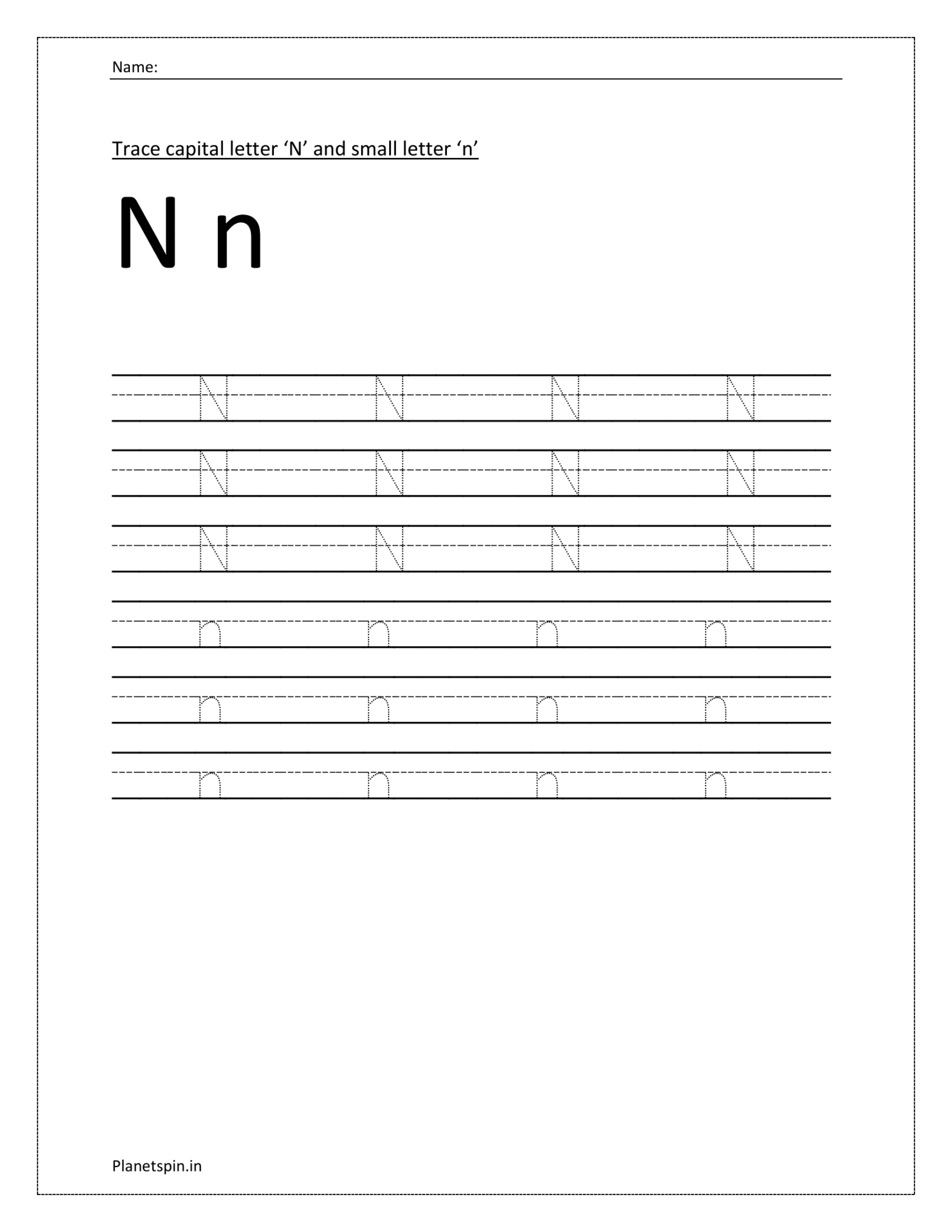 Letter n worksheet for kindergarten | Planetspin.in