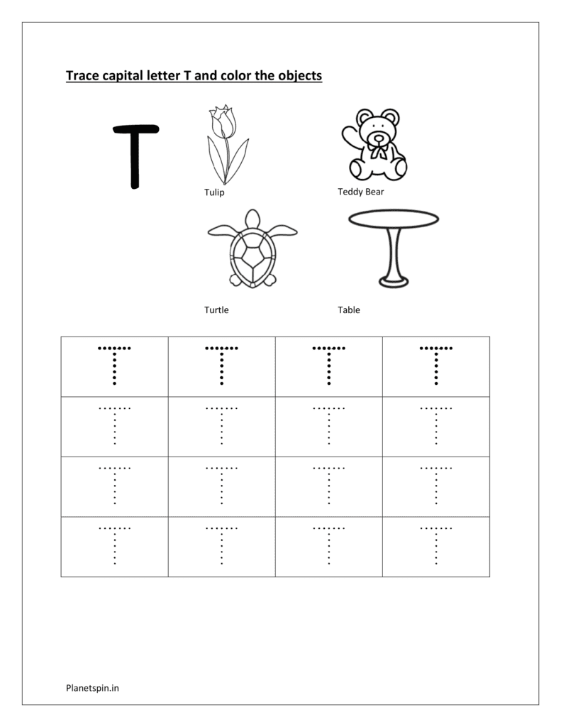 Trace uppercase letters and color the objects