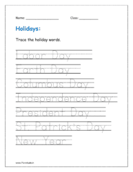 Trace the holiday words (holidays worksheet for kindergarten)