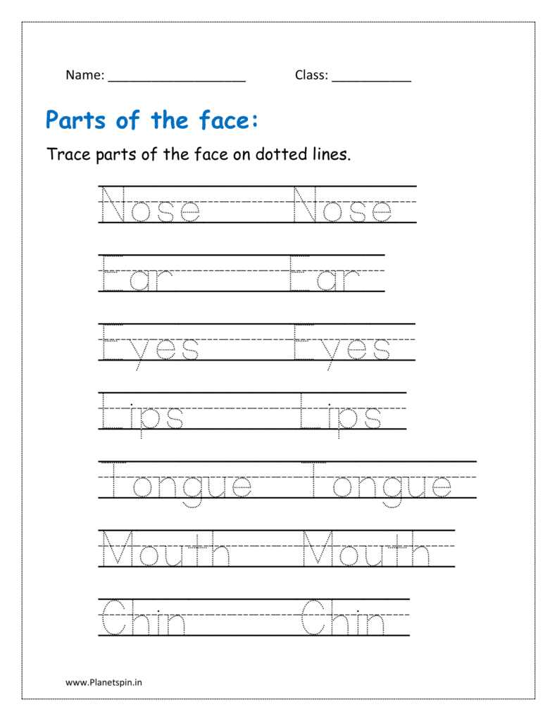 Trace face parts names in the given printable worksheet