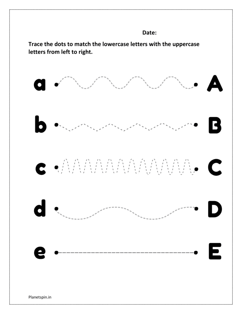 Trace dots: Trace the dots to match the lowercase letters with the uppercase letters from left to right from a to e