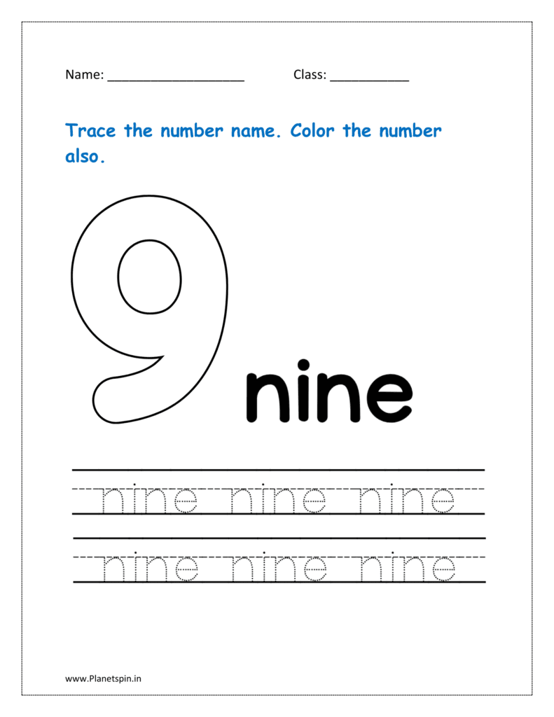 9: Trace the spelling for nine in the worksheet for kg