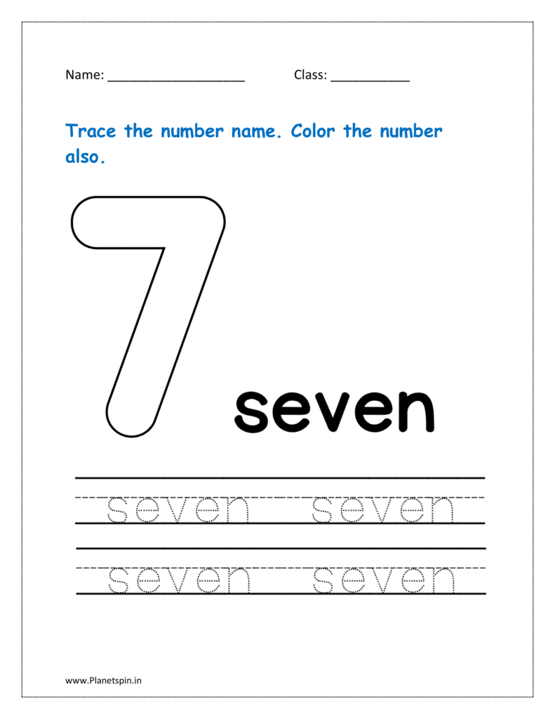 7: Download the worksheet to Trace the number name for seven in the worksheet for kg