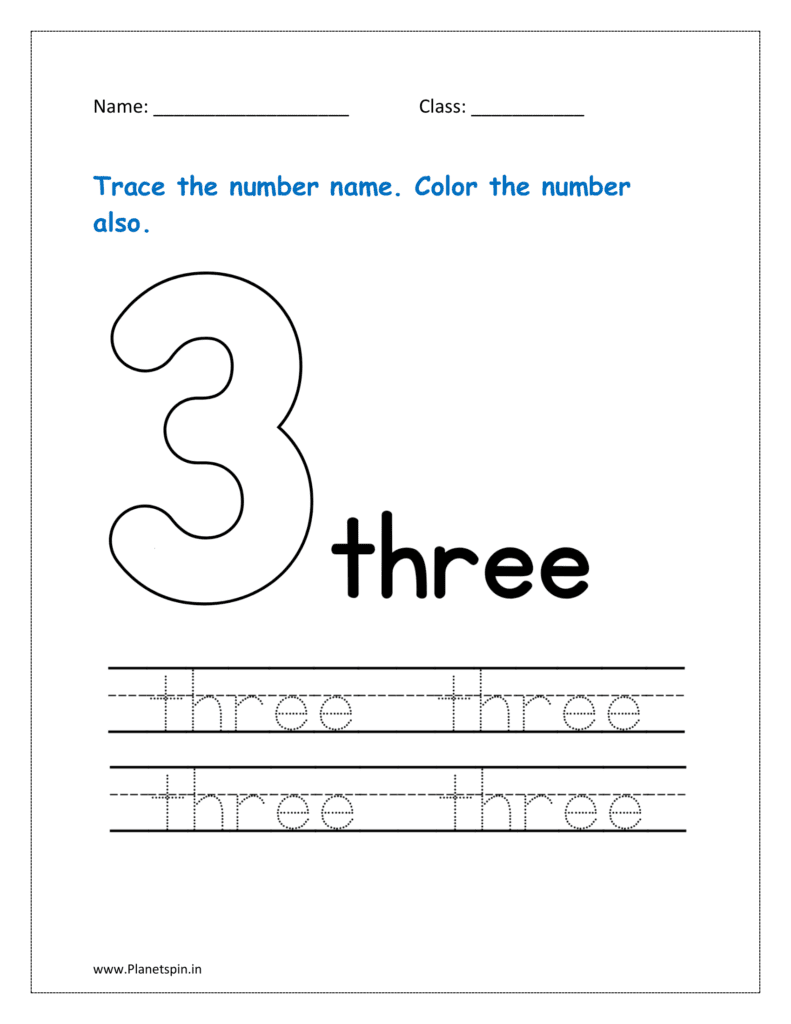 3: Download the worksheet to Trace the number name for three