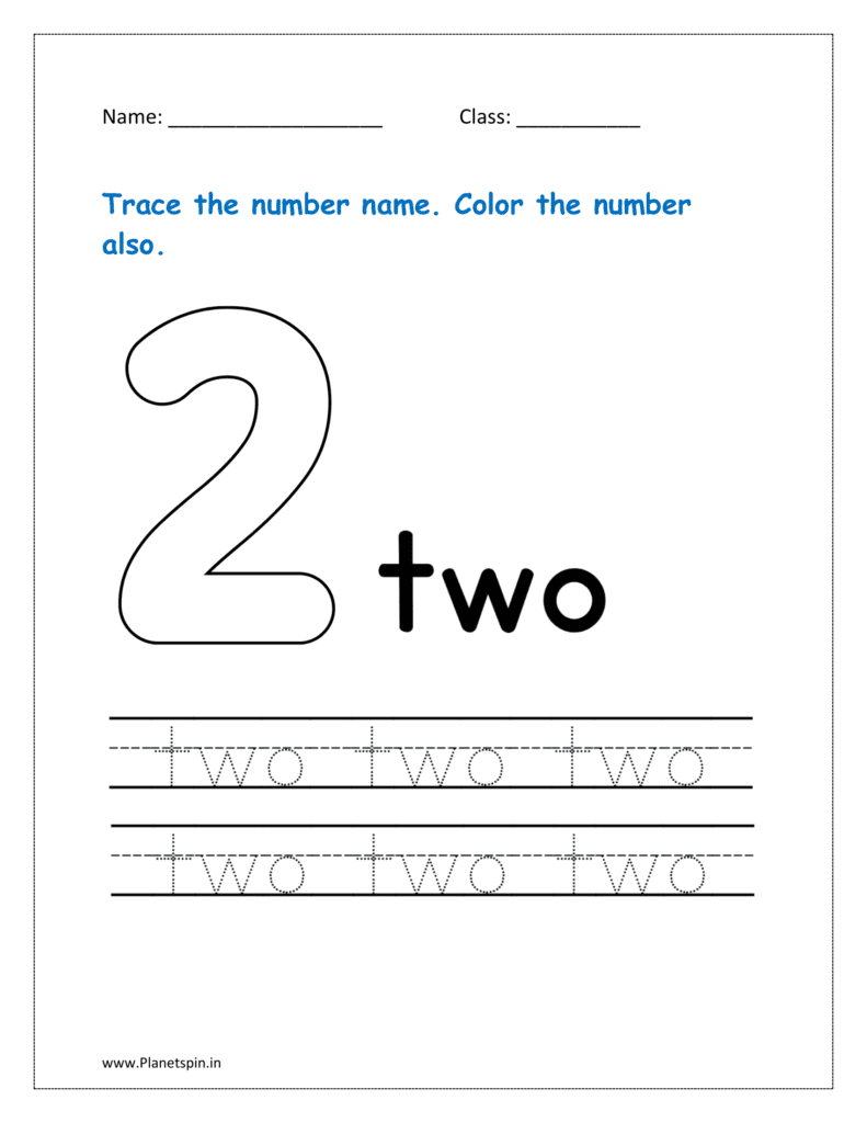 2: Trace the number name for two in the worksheet for kg