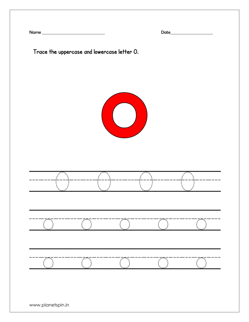 Trace the uppercase and lowercase letter O on four line worksheet.