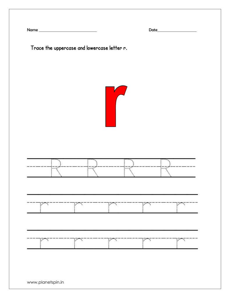 Trace the uppercase and lowercase letter r on four line worksheet.