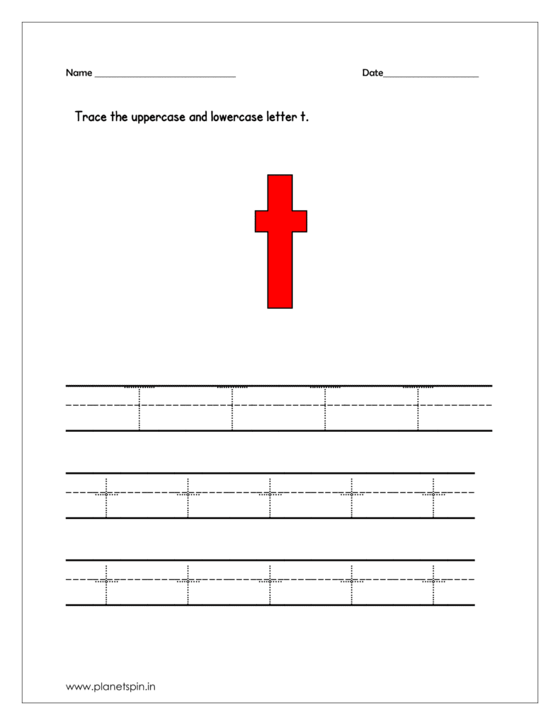 Trace the uppercase and lowercase letter t on four line worksheets for kindergarten.