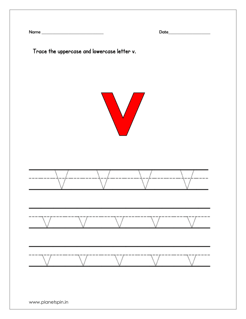 Trace the uppercase and lowercase letter v on four line.