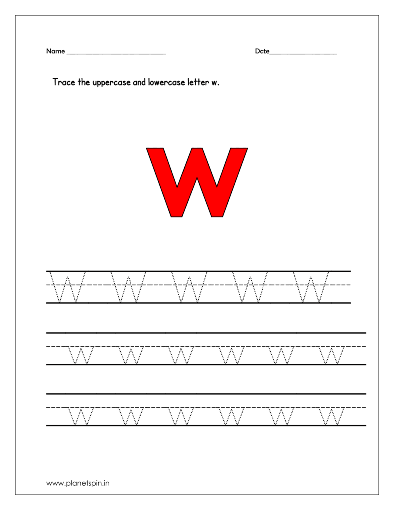 Trace the uppercase and lowercase letter w on four line worksheet.