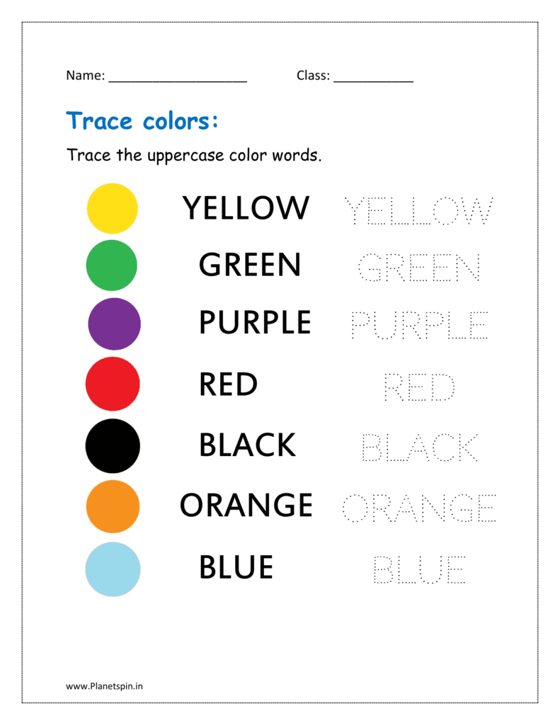 Trace the uppercase color words (free printable kindergarten worksheets color words)