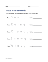 Trace the weather words below, and then write them on your own.