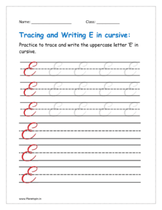 5. Trace and write uppercase letter E in cursive writing in free printable worksheet