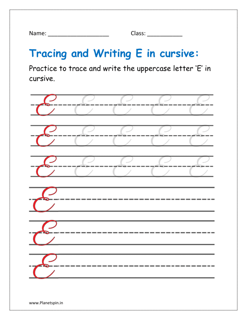 5. Trace and write uppercase letter E in cursive writing in free printable worksheet