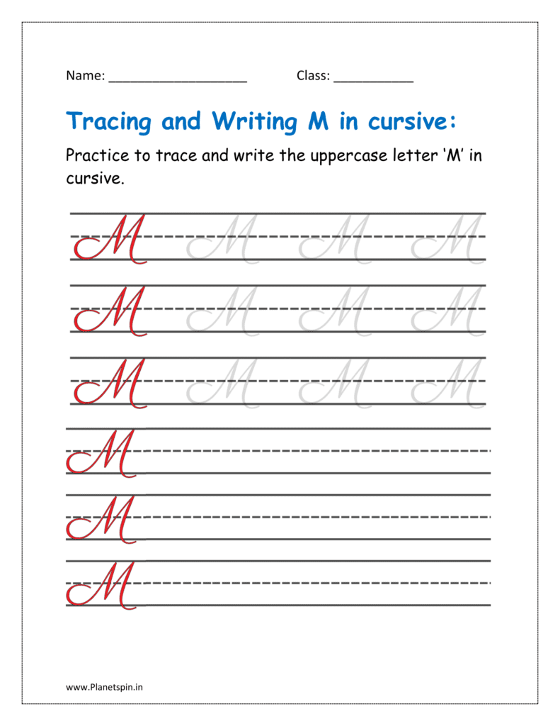 5. Trace and write uppercase letter M in cursive writing in free printable worksheet pdf