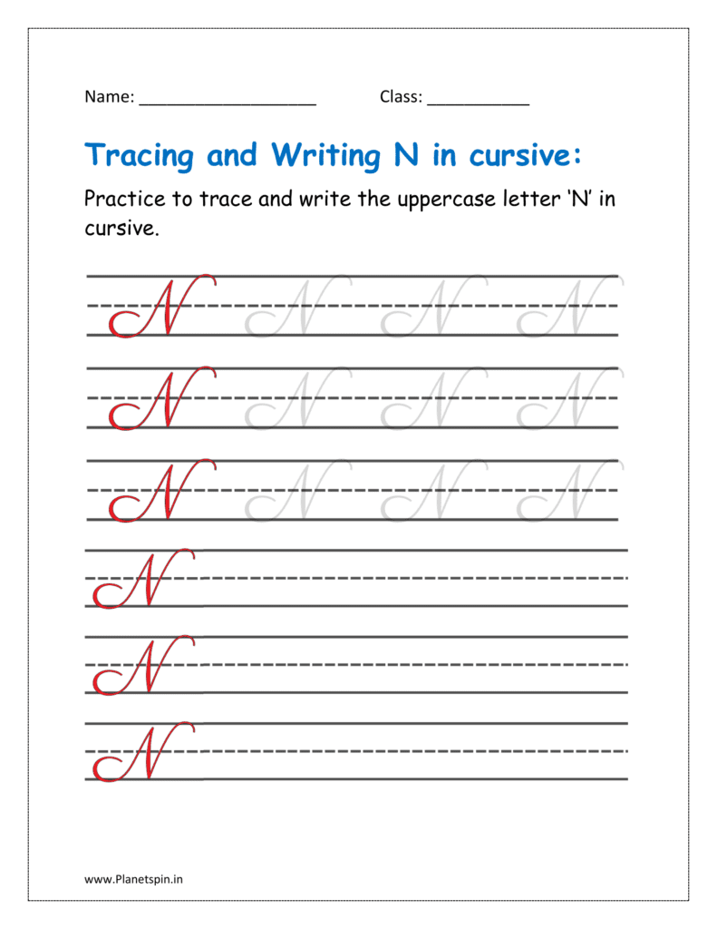 5. Trace and write uppercase letter N in cursive writing in free printable worksheet pdf