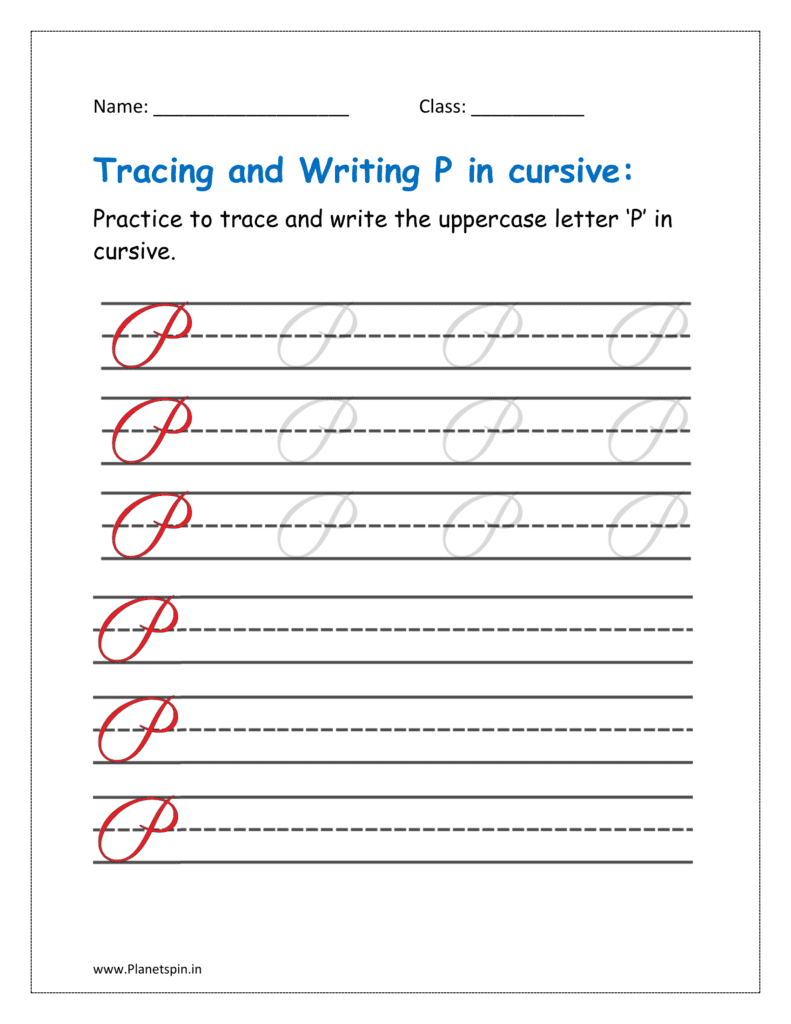 5. Trace and write uppercase letter P in cursive writing in free printable worksheet pdf