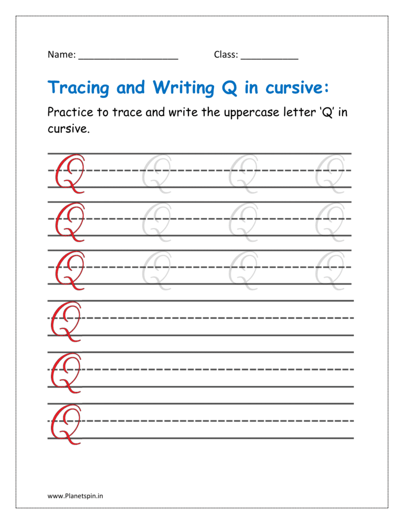 5. Trace and write uppercase letter Q in cursive writing in free printable worksheet pdf