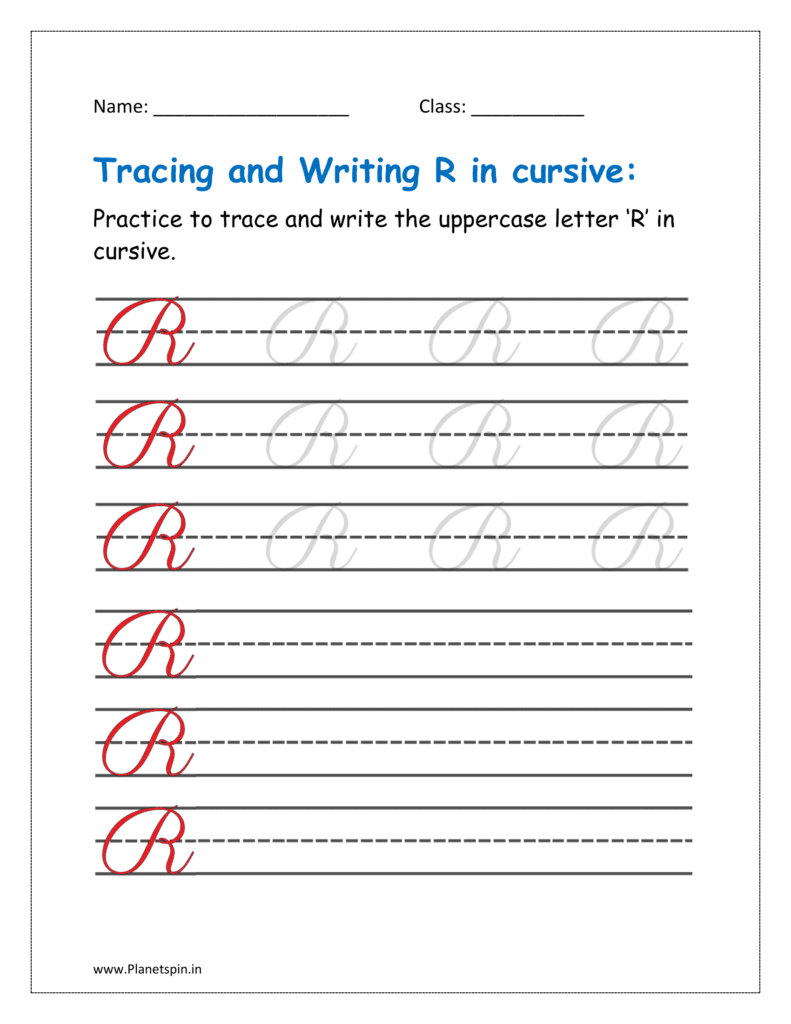 5. Trace and write uppercase letter R in cursive writing in free printable worksheet pdf