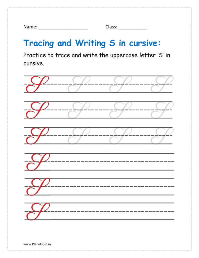 5. Trace and write uppercase letter S in cursive writing in free printable worksheet pdf