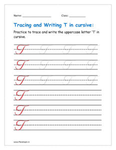 5. Trace and write uppercase letter T in cursive writing in free printable worksheet pdf