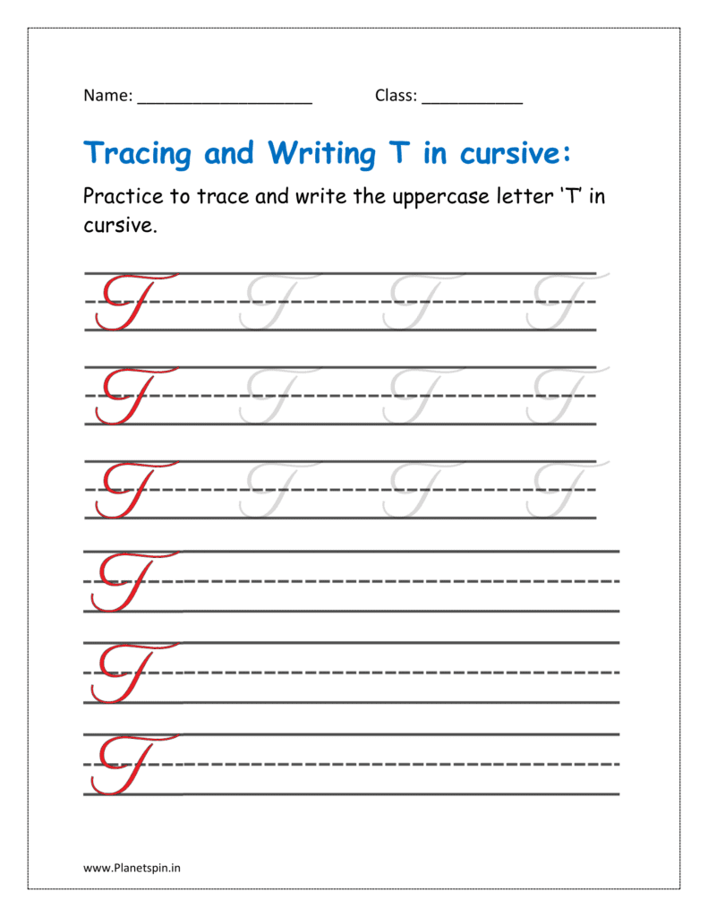 5. Trace and write uppercase letter T in cursive writing in free printable worksheet pdf