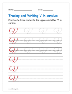 5. Trace and write uppercase letter V in cursive writing in free worksheet pdf