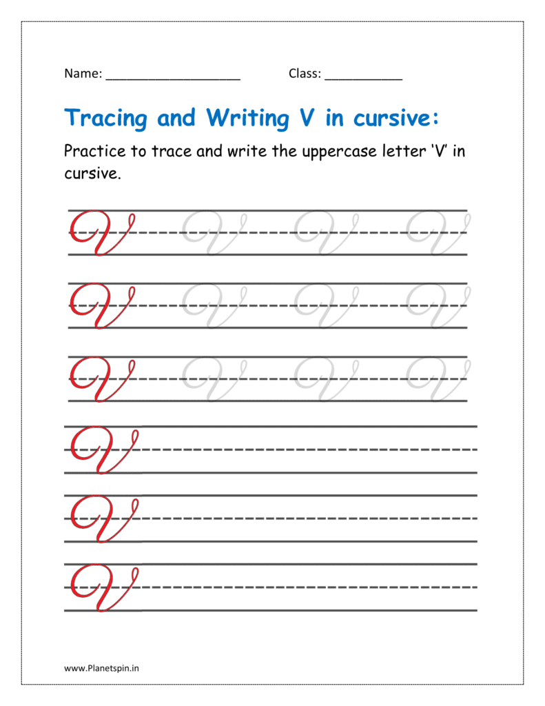 5. Trace and write uppercase letter V in cursive writing in free worksheet pdf