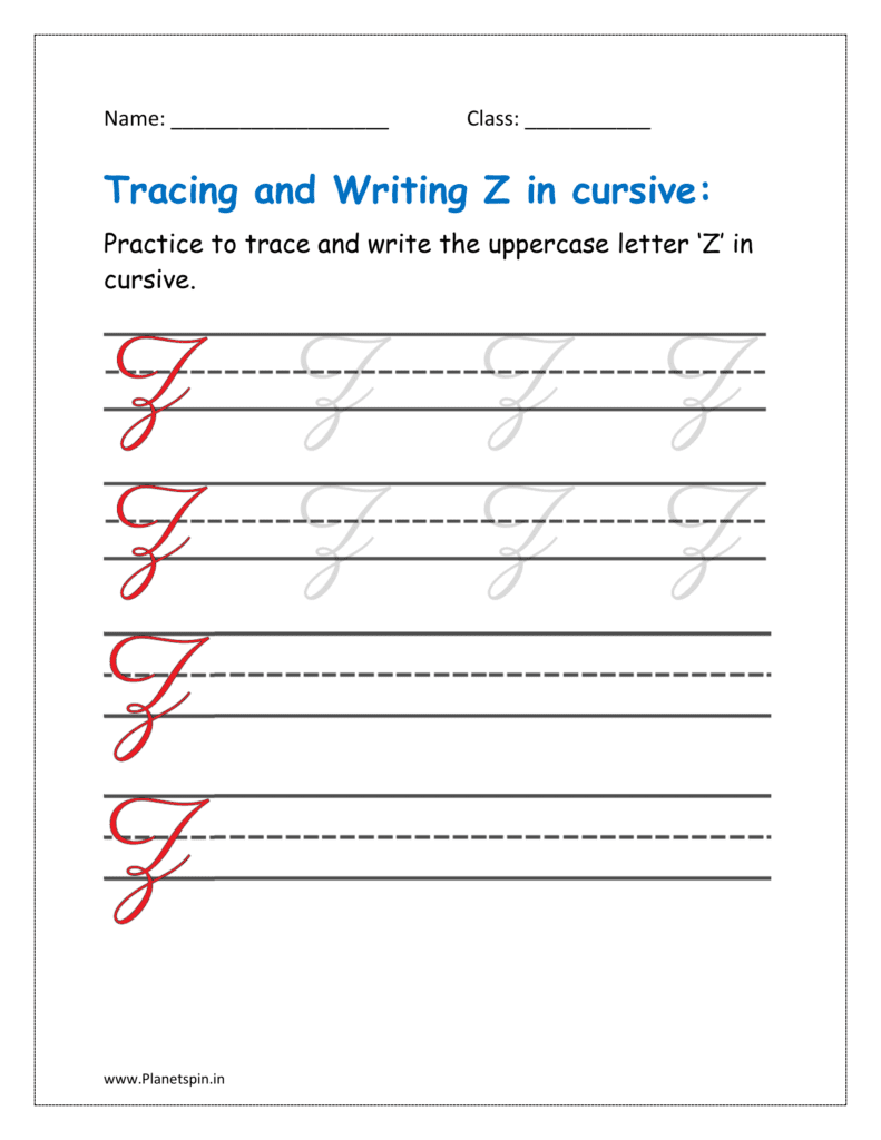 5. Trace and write uppercase letter Z in cursive writing in free printable worksheet