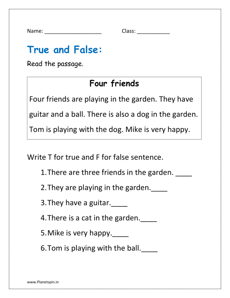 true and false reading comprehension worksheets