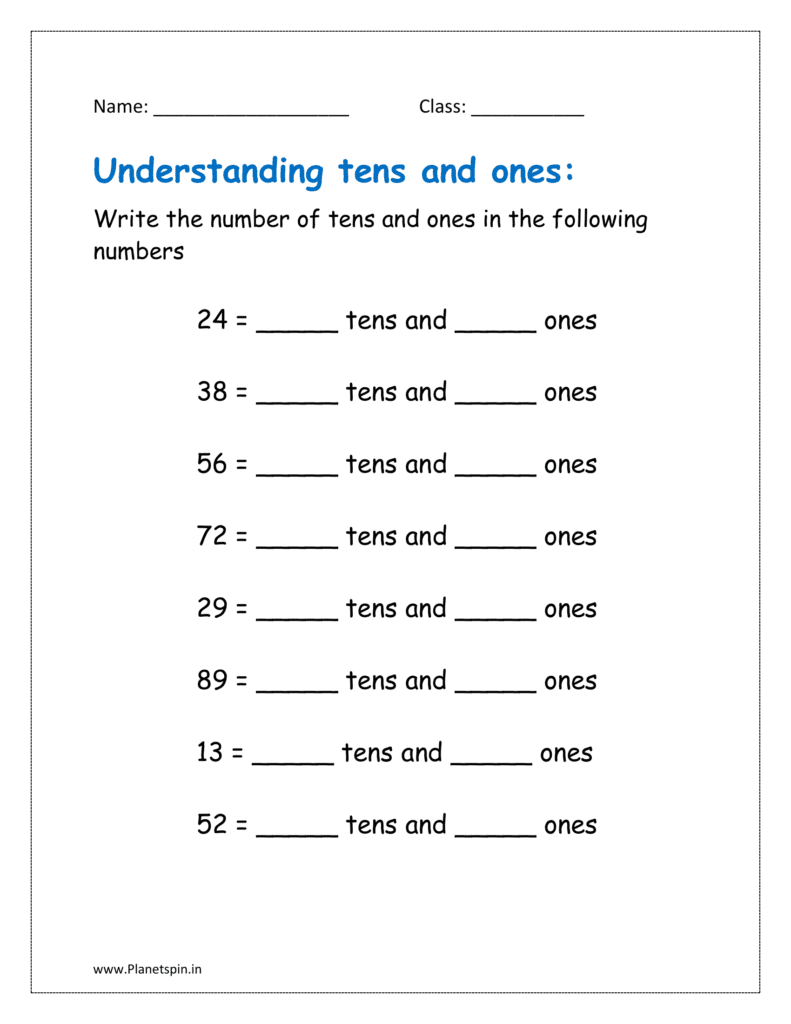 Write the number of tens and ones in the following numbers place value worksheet for class 1 