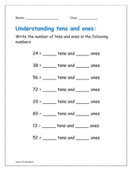 Write the number of tens and ones in the following numbers (place value worksheet for class 1)