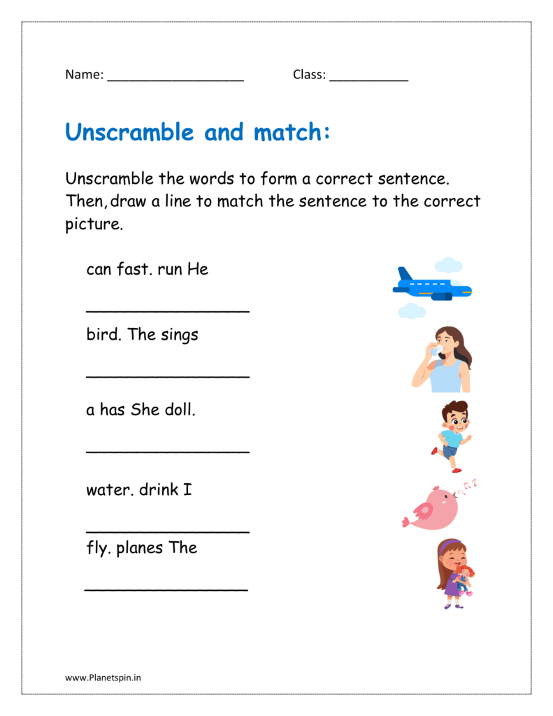 Unscramble the words to form correct sentences. Then, draw a line to match the sentence to the correct picture ( (grade 1 worksheet))