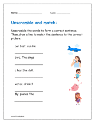 Unscramble the words to form correct sentences. Then, draw a line to match the sentence to the correct picture ( (grade 1 worksheet))