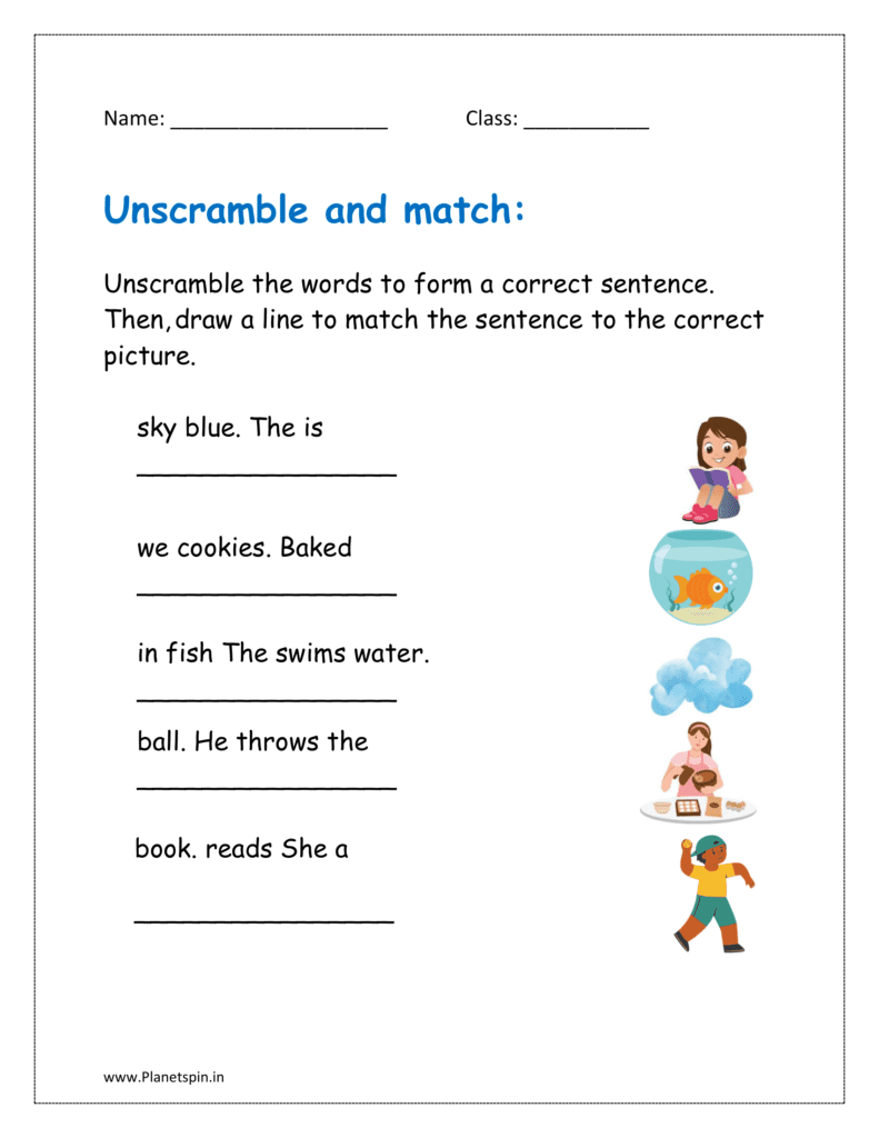 Unscramble the words to form correct sentences (grade 1 worksheet). Then, draw a line to match the sentence to the correct picture.