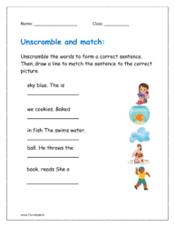 Unscramble the words to form a correct sentence. Then, draw a line to match the sentence to the correct picture.