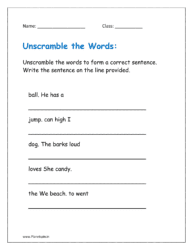 Unscramble the words to form correct sentences (grade 1 worksheet)