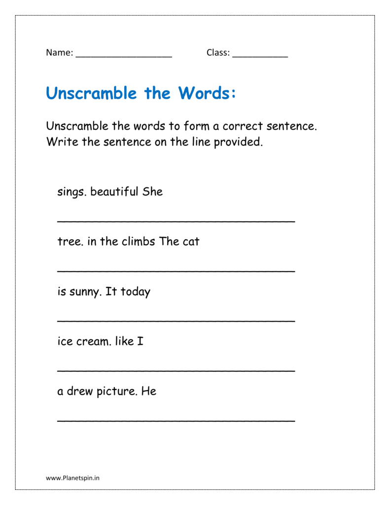 Unscramble the words to form correct sentences  (grade 1 worksheet)