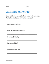 Unscramble the words to form correct sentences  (grade 1 worksheet)