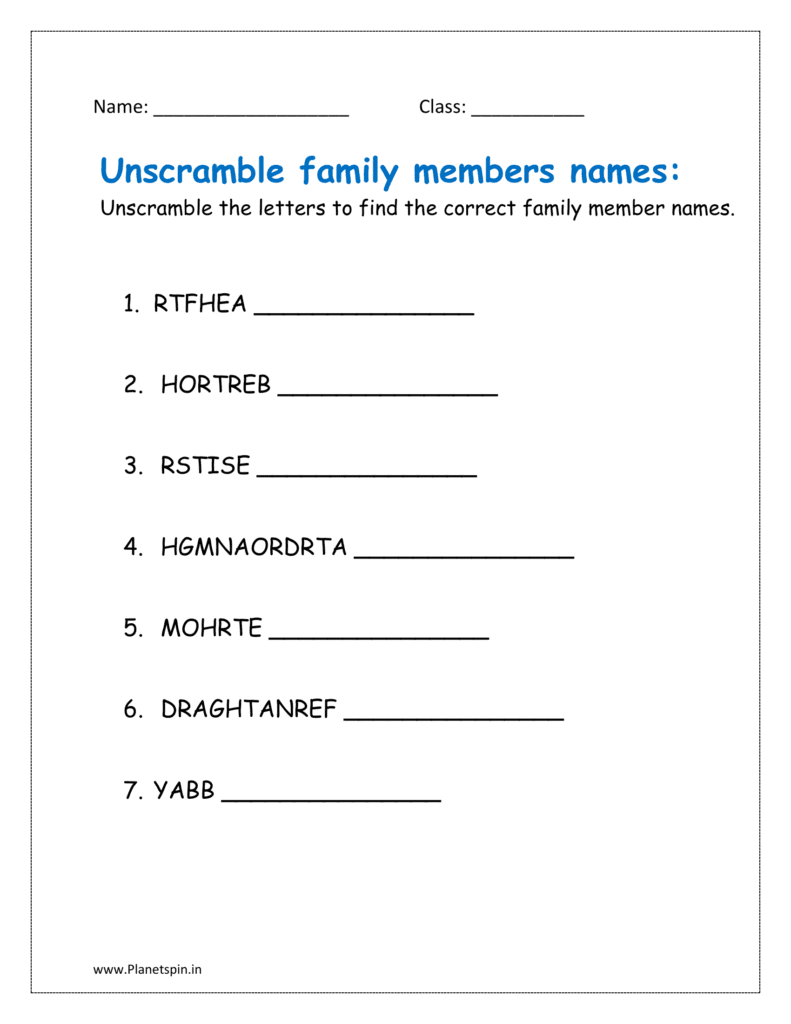 Unscramble the letters to find the correct family member names.