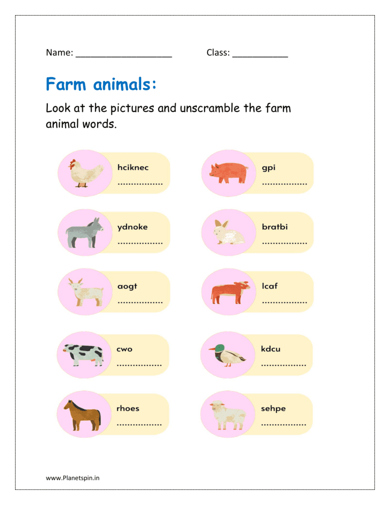 Look at the pictures and unscramble the farm animal words